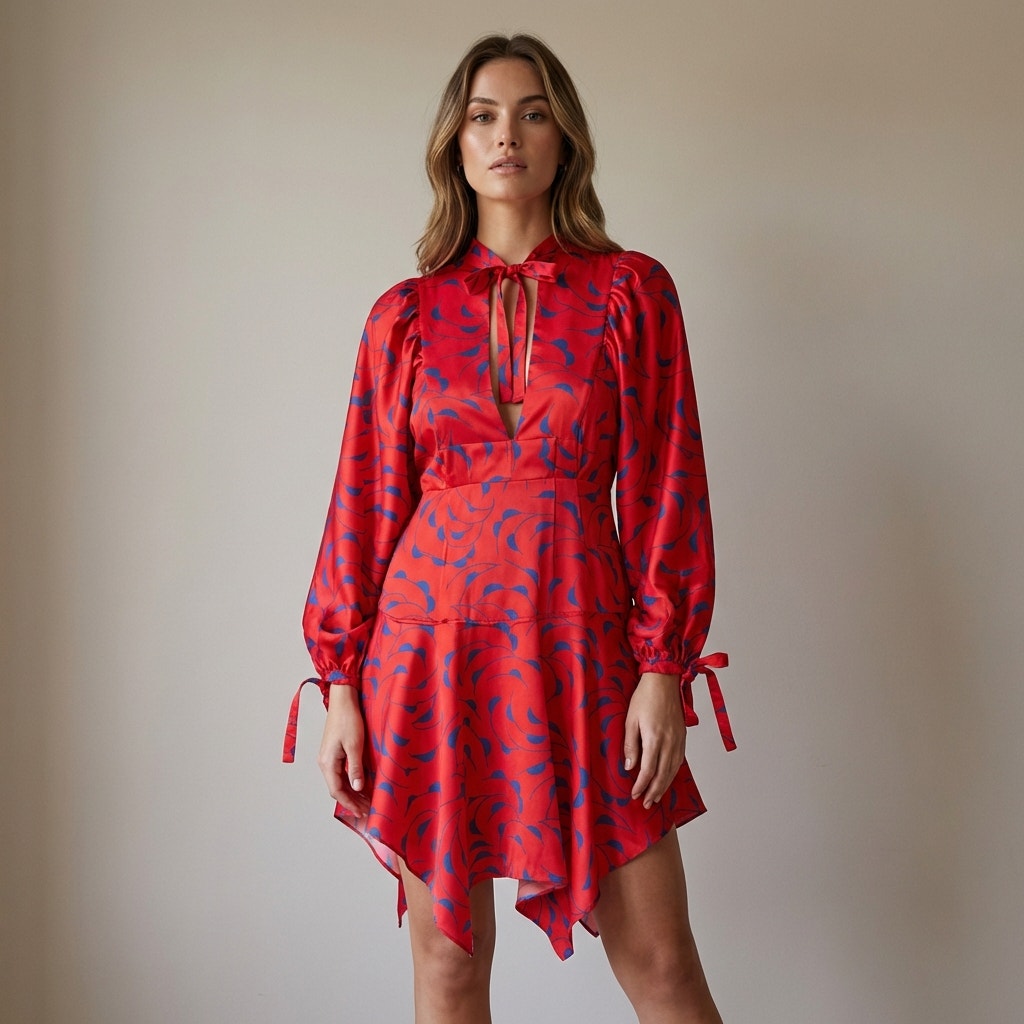 Self-Portrait Red Satin Print V-Neck Long Sleeve Mini Dress, Size 0